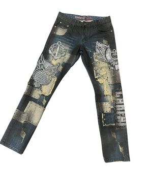 Men's Distressed biepa Black Patchwork Embroidered Jeans